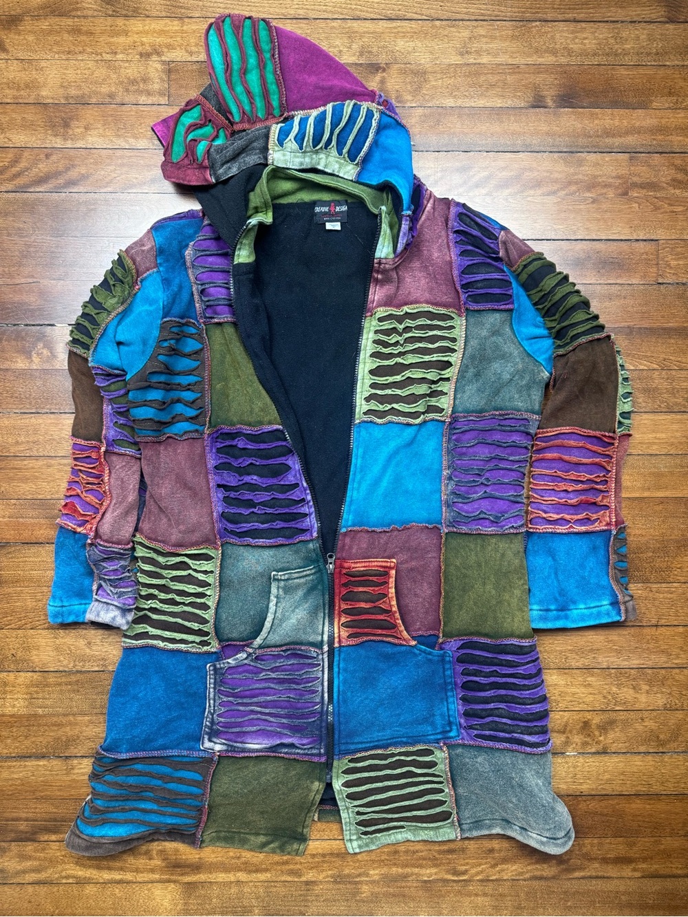 Vintage Nepalese Patchwork Razor Cut Hoodie Jacket Pixie Hood Boho Fairy Grunge